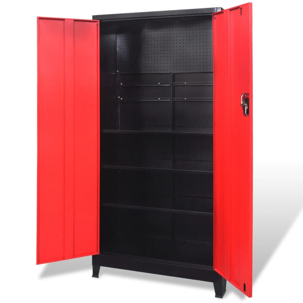 Werkzeugschrank Mit 2 Türen Stahl 90X40X180 Cm Schwarz/Rot Grau
