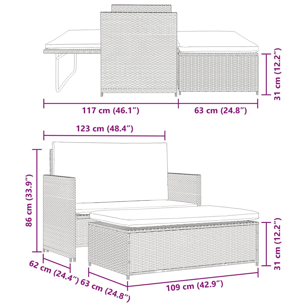 2-Tlg. Garten-Lounge-Set Mit Auflagen Poly Rattan