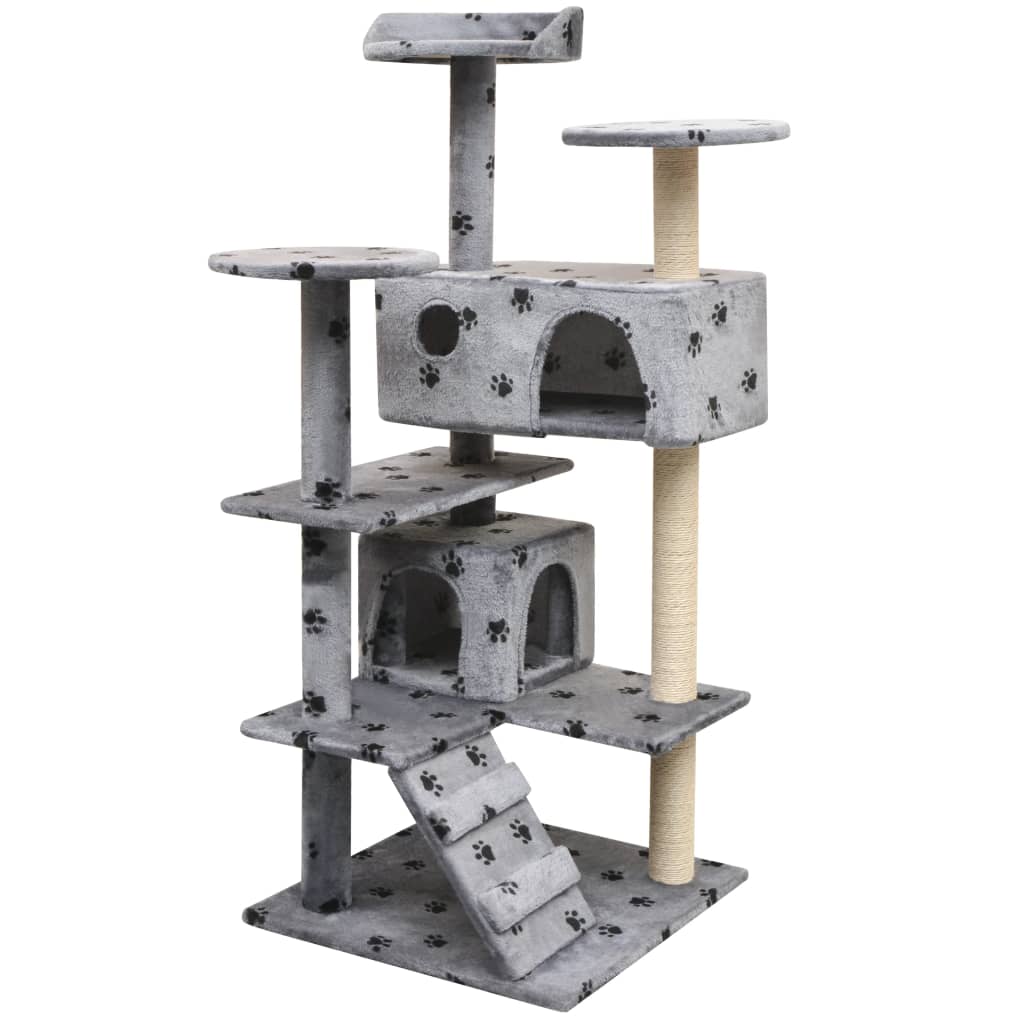 Katzen-Kratzbaum 125 Cm Grau Mit Pfoten-Aufdruck