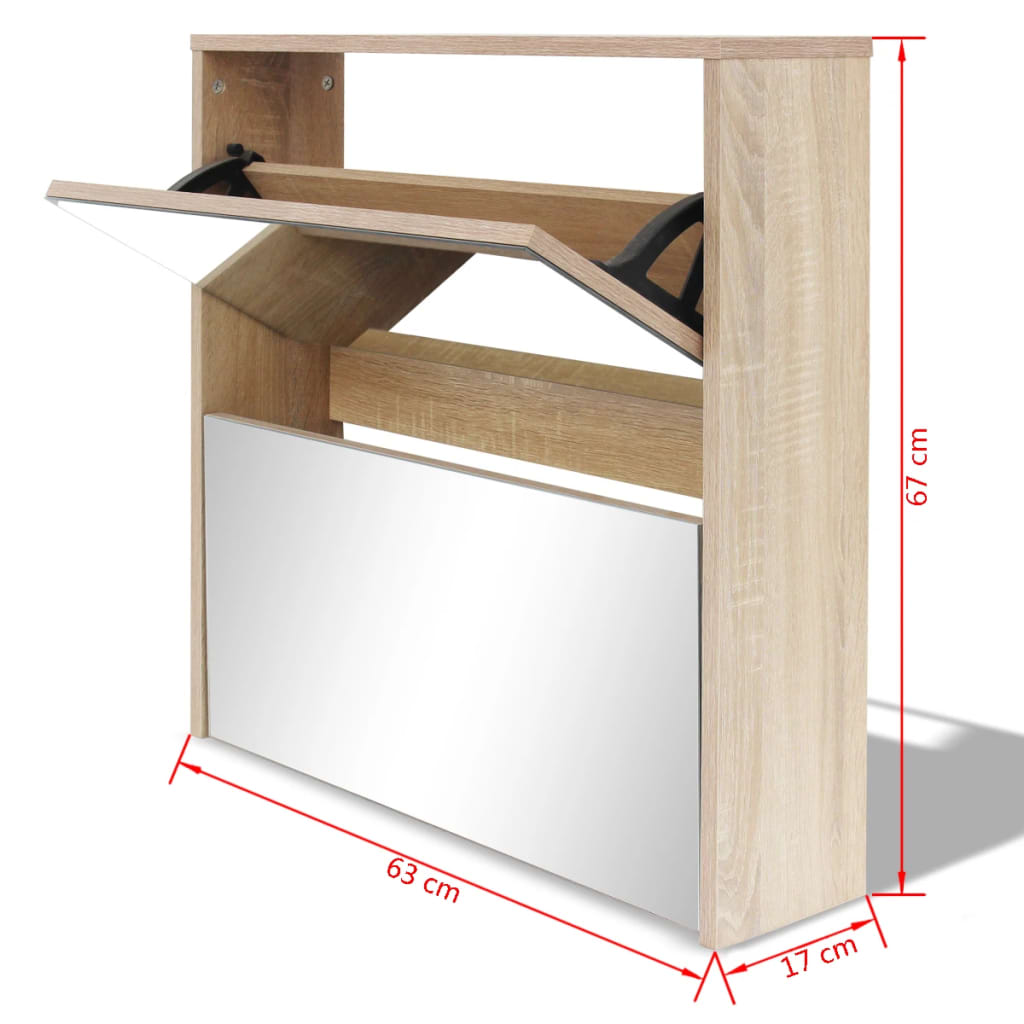 Schuhschrank Mit 2 Fächern Spiegel -Optik 63X17X Eiche