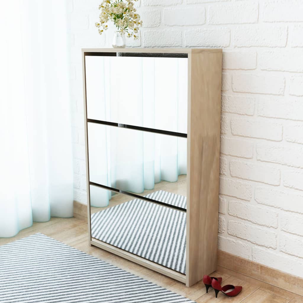 Schuhschrank Mit 2 Fächern Spiegel -Optik 63X17X Eiche