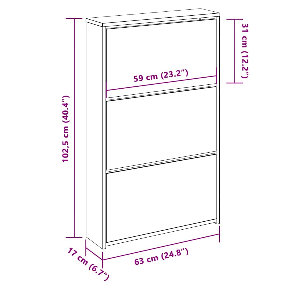 Schuhschrank Mit 3 Fächern Spiegel 63X17X102,5 Cm Weiß