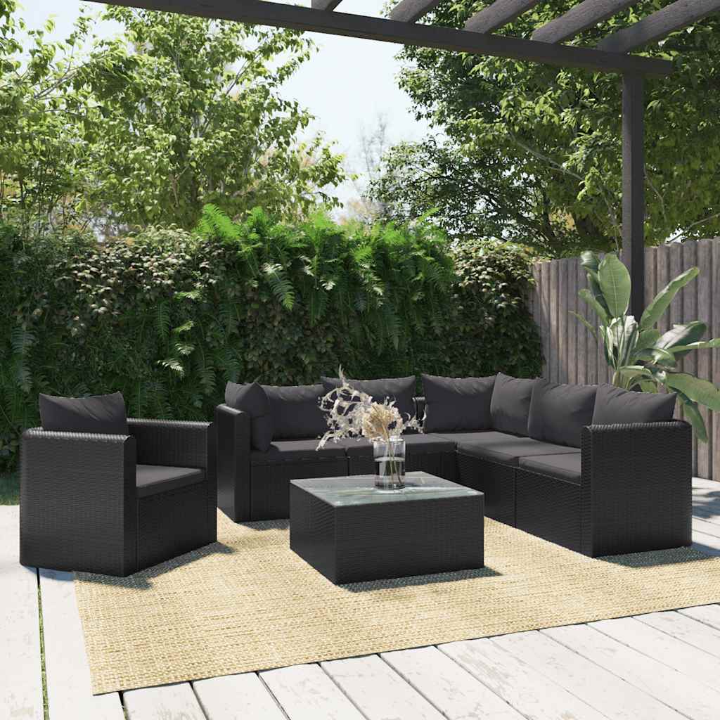 7-Tlg. Garten-Lounge-Set Mit Auflagen Poly Rattan Schwarz