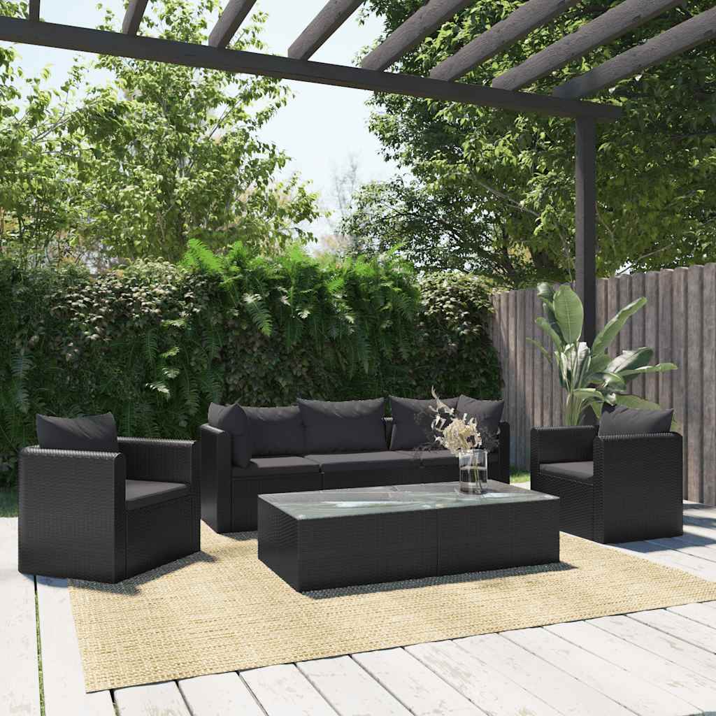 7-Tlg. Garten-Lounge-Set Mit Auflagen Poly Rattan Schwarz