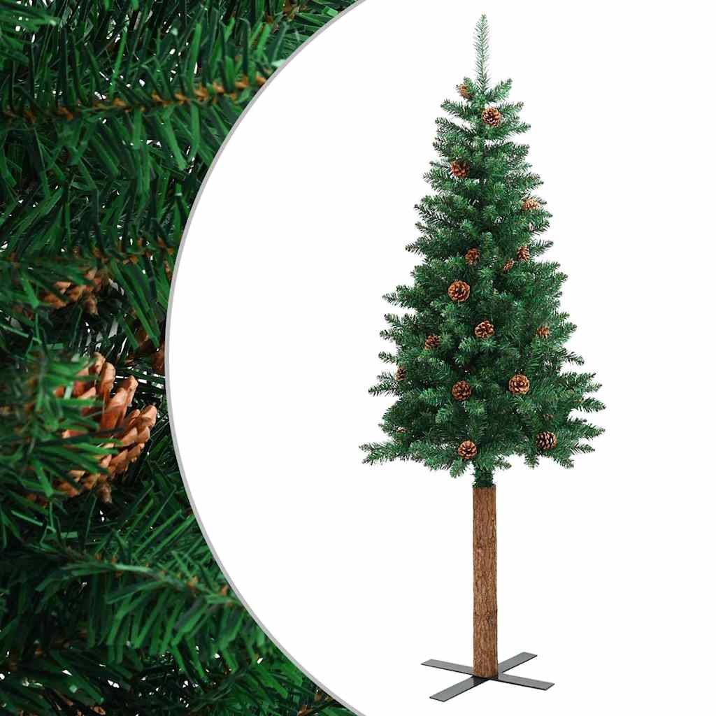 Weihnachtsbaum Schlank Mit Echtholz Und Zapfen Grün 150 Cm Pvc Grün Und Weiß