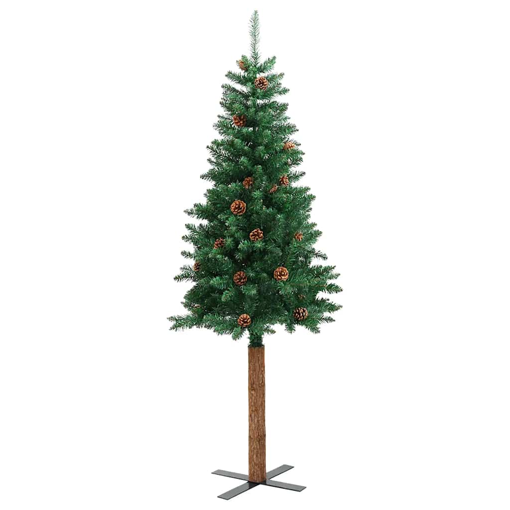 Weihnachtsbaum Schlank Mit Echtholz Und Zapfen Grün 150 Cm Pvc Grün Und Weiß
