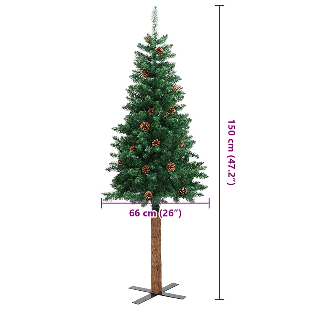 Weihnachtsbaum Schlank Mit Echtholz Und Zapfen Grün 150 Cm Pvc Grün Und Weiß