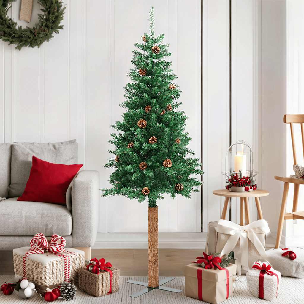 Weihnachtsbaum Schlank Mit Echtholz Und Zapfen Grün 150 Cm Pvc Grün Und Weiß