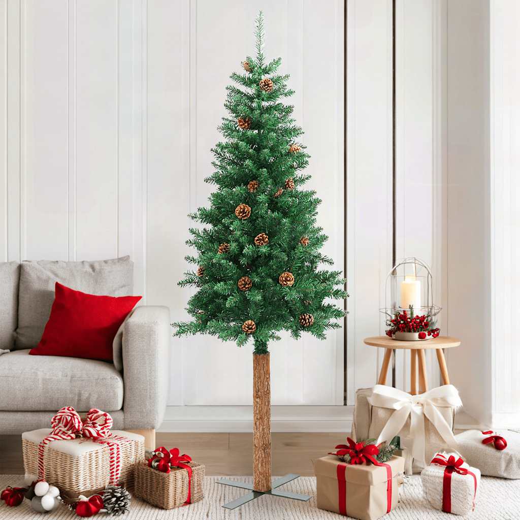 Weihnachtsbaum Schlank Mit Echtholz Und Zapfen Grün 150 Cm Pvc Grün Und Weiß