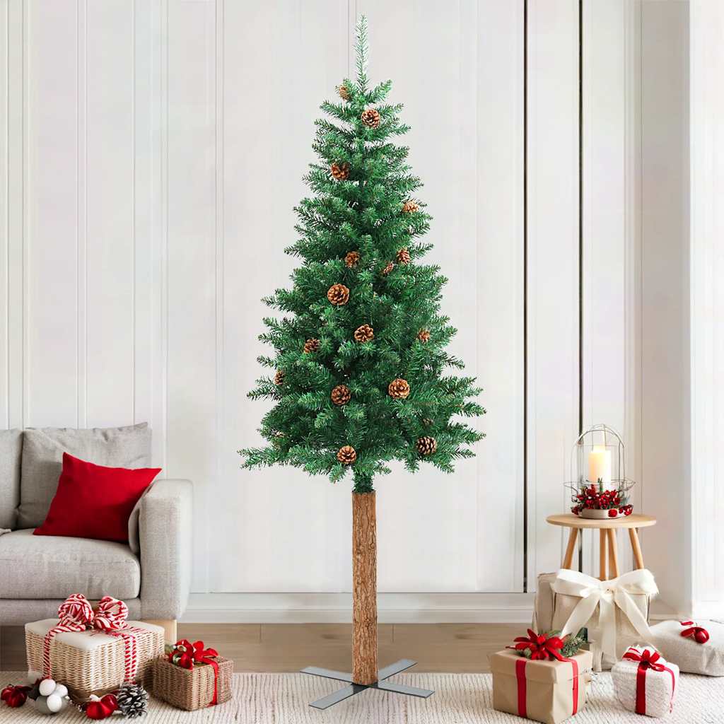 Weihnachtsbaum Schlank Mit Echtholz Und Zapfen Grün 150 Cm Pvc Grün Und Weiß