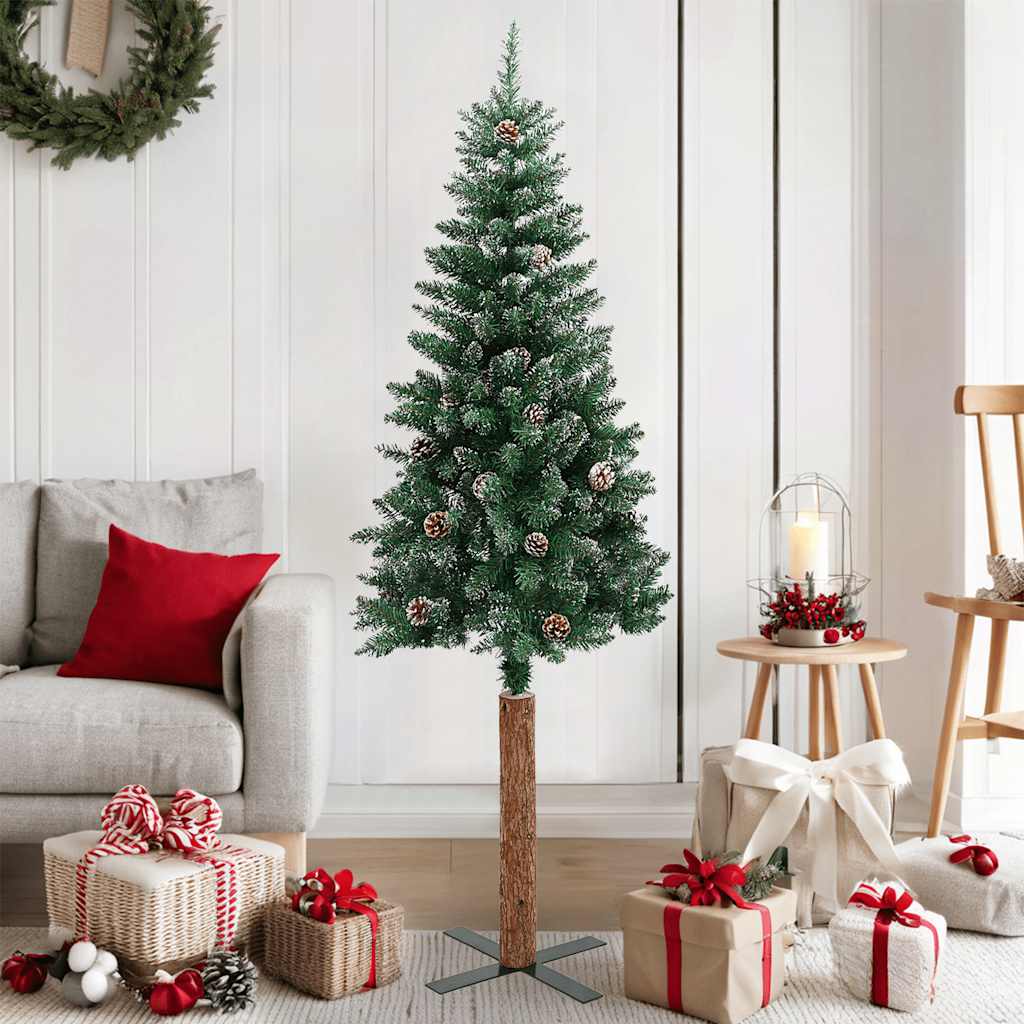 Weihnachtsbaum Schlank Mit Echtholz Und Zapfen Grün 150 Cm Pvc Grün Und Weiß