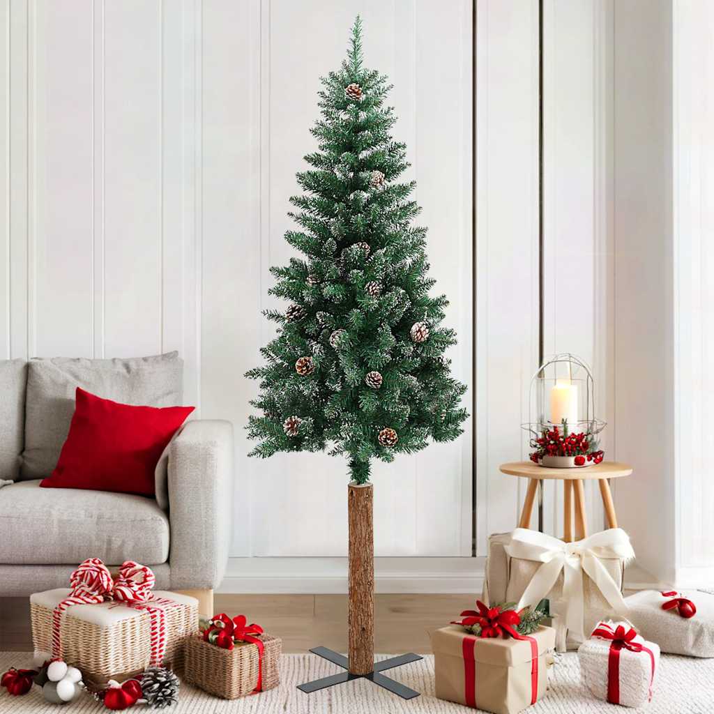 Weihnachtsbaum Schlank Mit Echtholz Und Zapfen Grün 150 Cm Pvc Grün Und Weiß