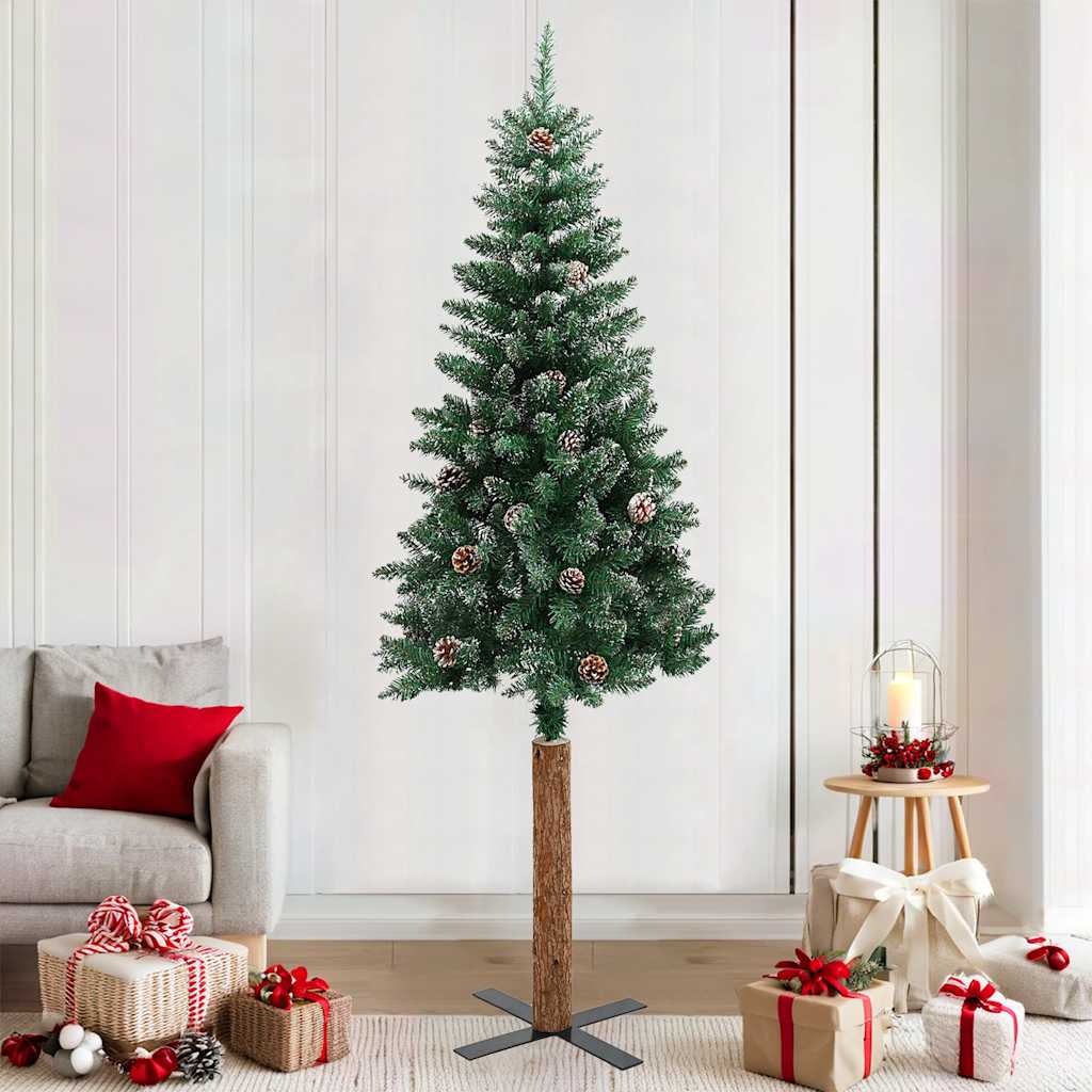 Weihnachtsbaum Schlank Mit Echtholz Und Zapfen Grün 150 Cm Pvc Grün Und Weiß