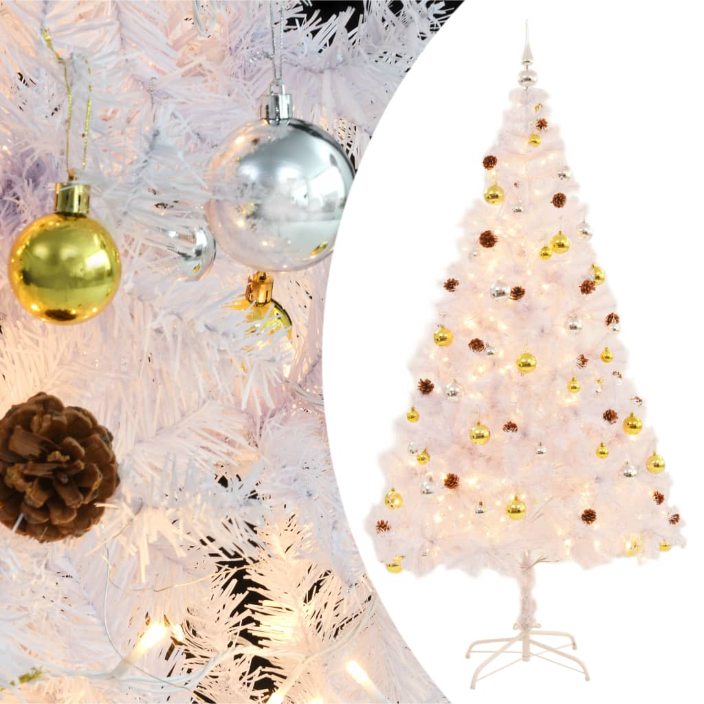 Künstlicher Weihnachtsbaum Mit Beleuchtung & Kugeln 150 Cm Weiß