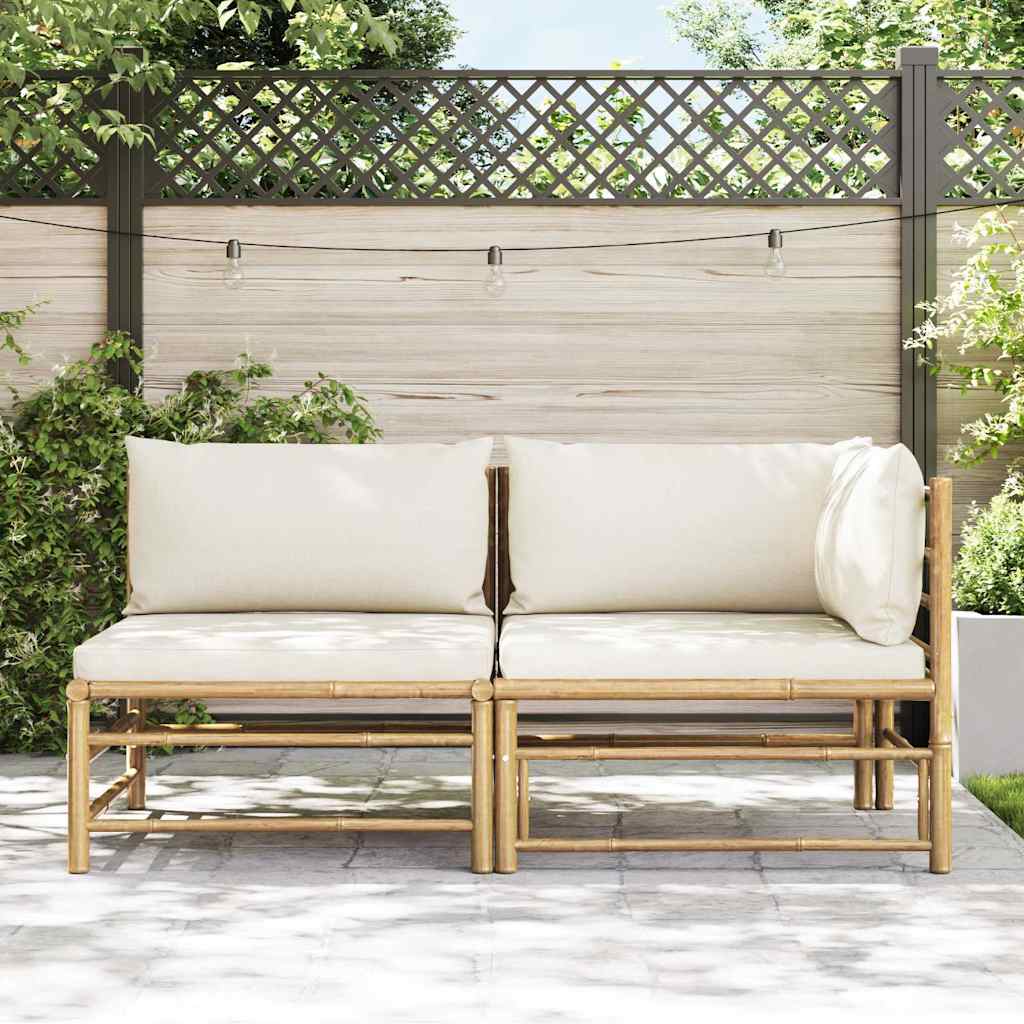 2-Tlg. Garten-Lounge-Set Mit Kissen Creme Bambus