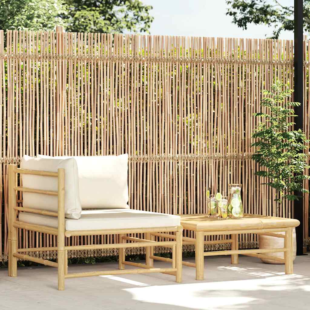2-Tlg. Garten-Lounge-Set Mit Kissen Creme Bambus