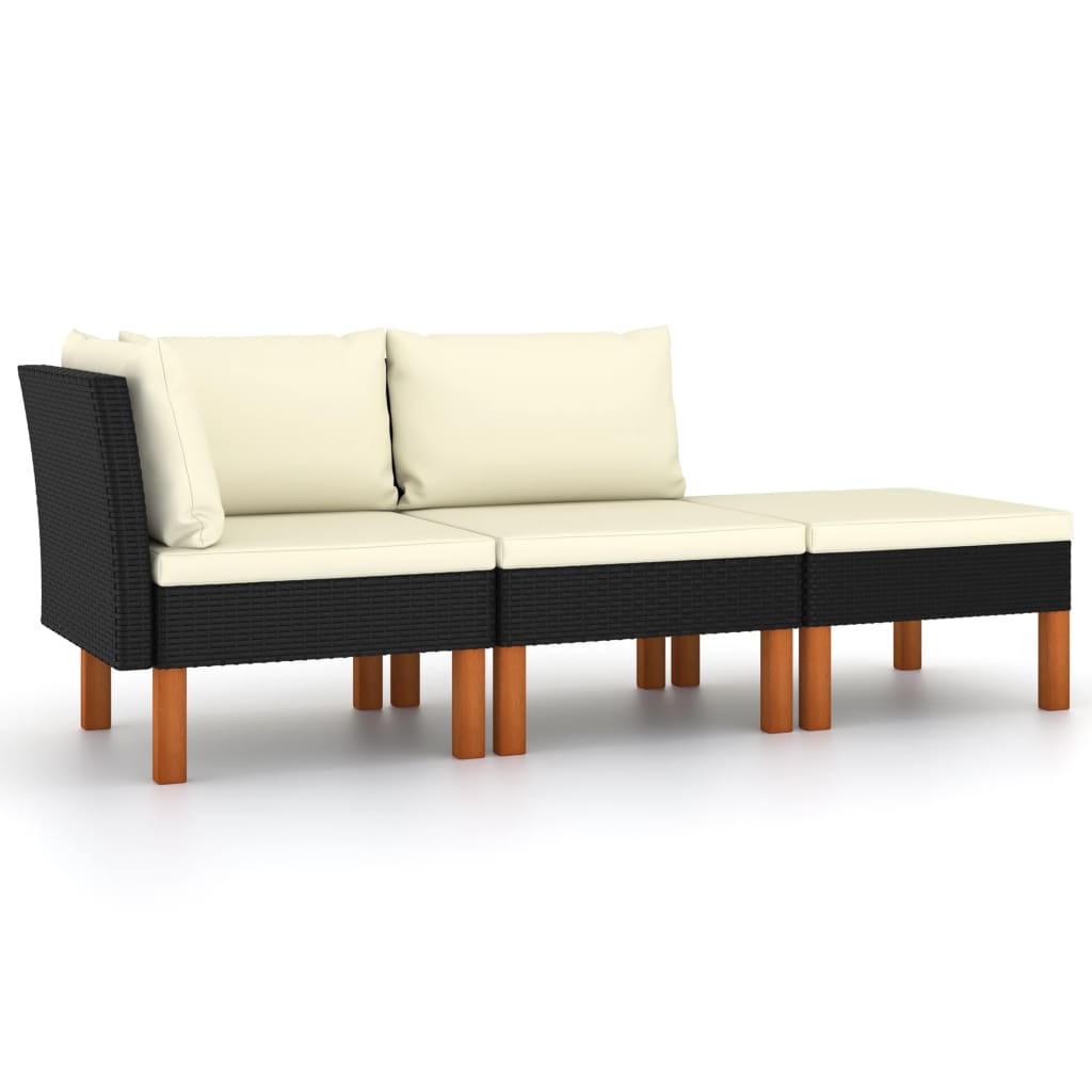3-Tlg. Garten-Lounge-Set Poly Rattan Und Eukalyptus Massivholz Schwarz