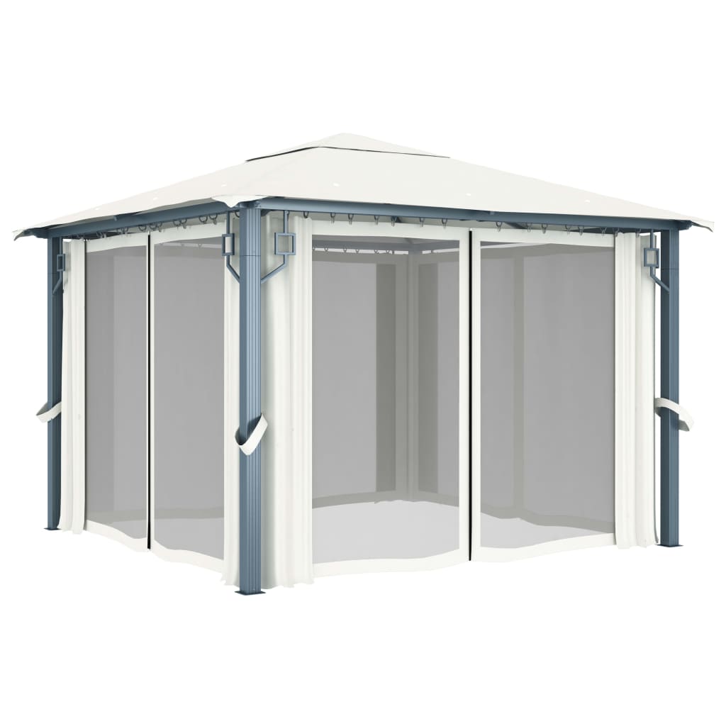 Pavillon Mit Vorhängen & Led-Lichterkette Alu