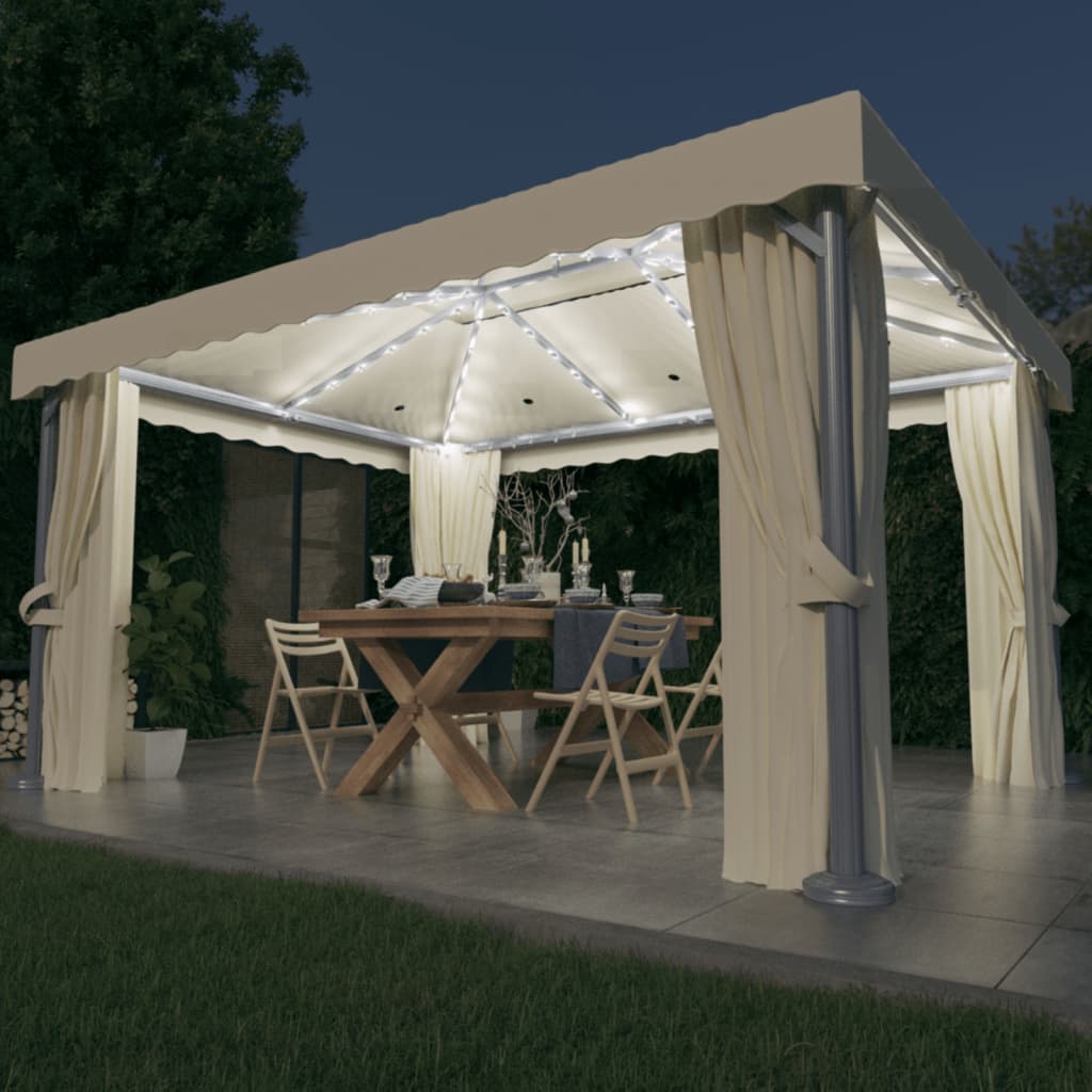Pavillon Mit Vorhängen & Led-Lichterkette Weiß