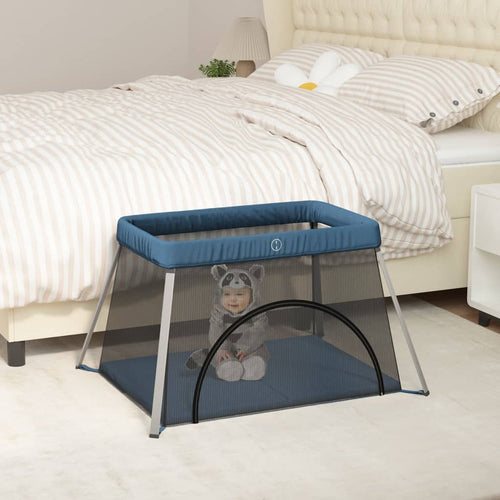 Baby-Laufstall Mit Matratze Marine Leinenstoff