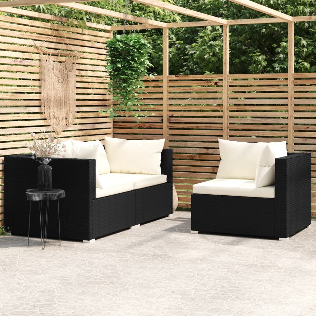 3-Tlg. Garten-Lounge-Set Mit Kissen Schwarz Poly Rattan