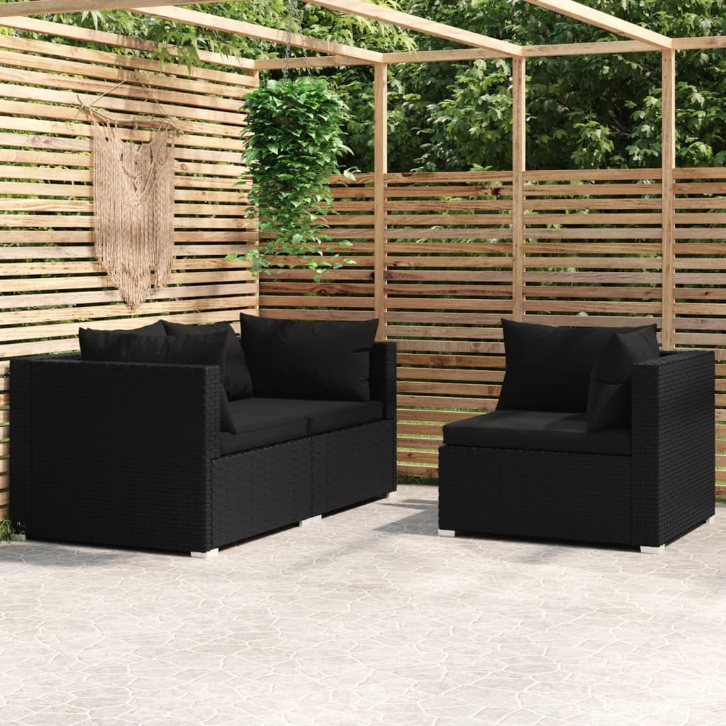 3-Tlg. Garten-Lounge-Set Mit Kissen Schwarz Poly Rattan