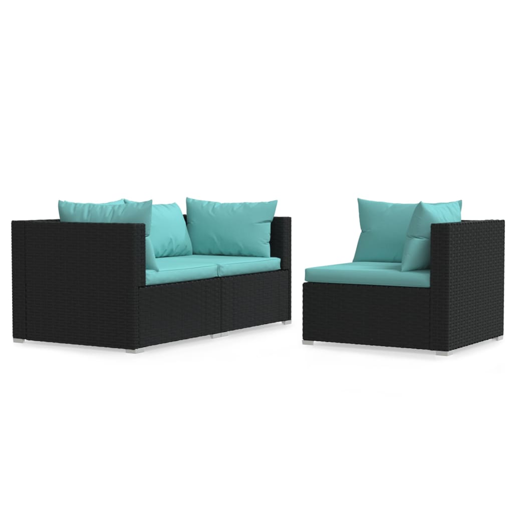3-Tlg. Garten-Lounge-Set Mit Kissen Schwarz Poly Rattan