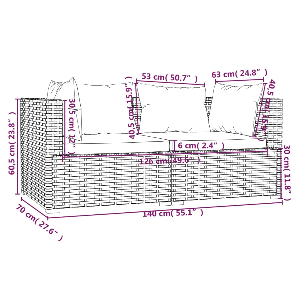 3-Tlg. Garten-Lounge-Set Mit Kissen Schwarz Poly Rattan