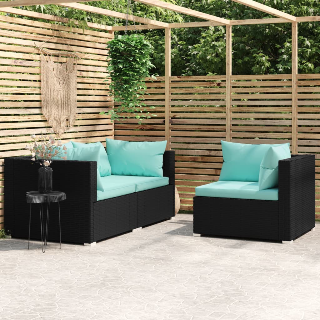 3-Tlg. Garten-Lounge-Set Mit Kissen Schwarz Poly Rattan