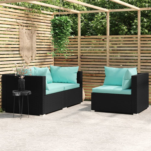 3-Tlg. Garten-Lounge-Set Mit Kissen Schwarz Poly Rattan