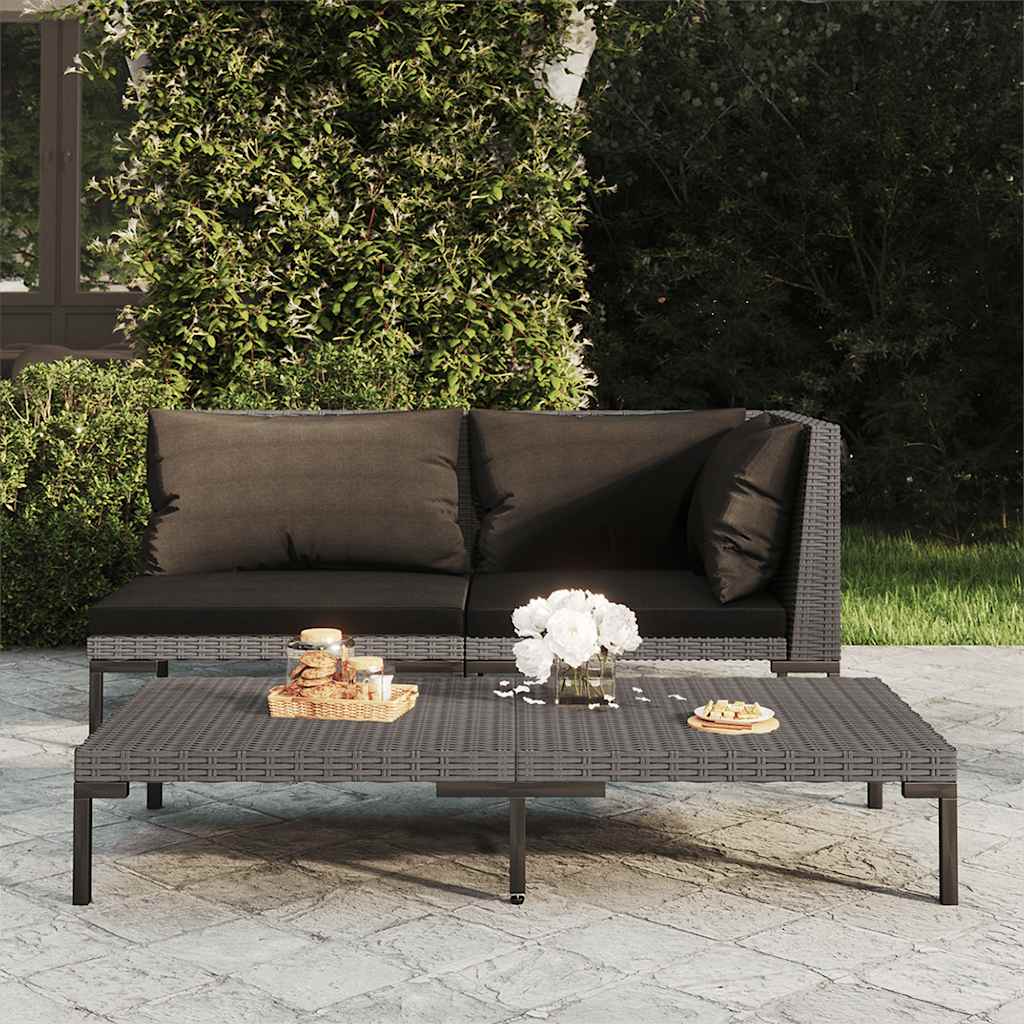 3-Tlg. Garten-Lounge-Set Dunkelgrau Halbrundes Poly Rattan
