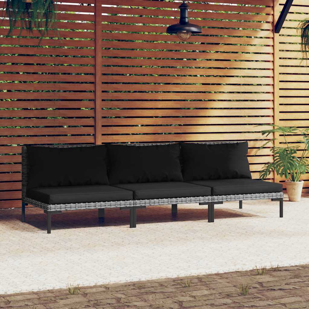 3-Tlg. Garten-Lounge-Set Dunkelgrau Halbrundes Poly Rattan