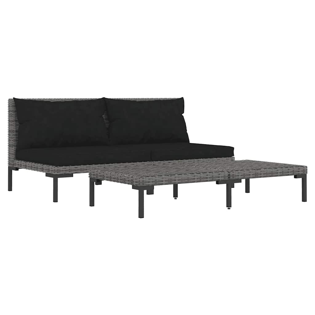 3-Tlg. Garten-Lounge-Set Dunkelgrau Halbrundes Poly Rattan