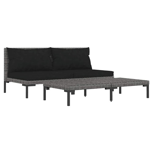 3-Tlg. Garten-Lounge-Set Dunkelgrau Halbrundes Poly Rattan