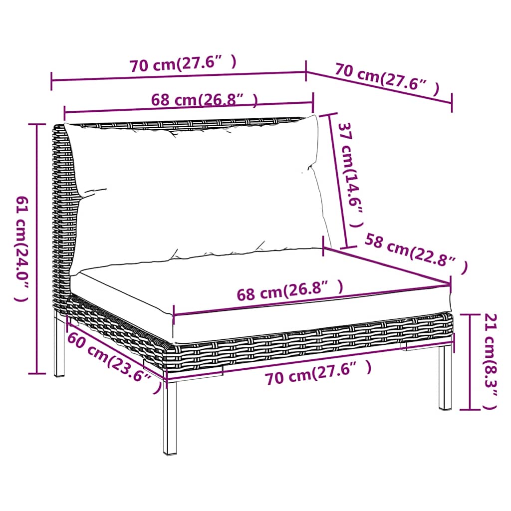 3-Tlg. Garten-Lounge-Set Dunkelgrau Halbrundes Poly Rattan