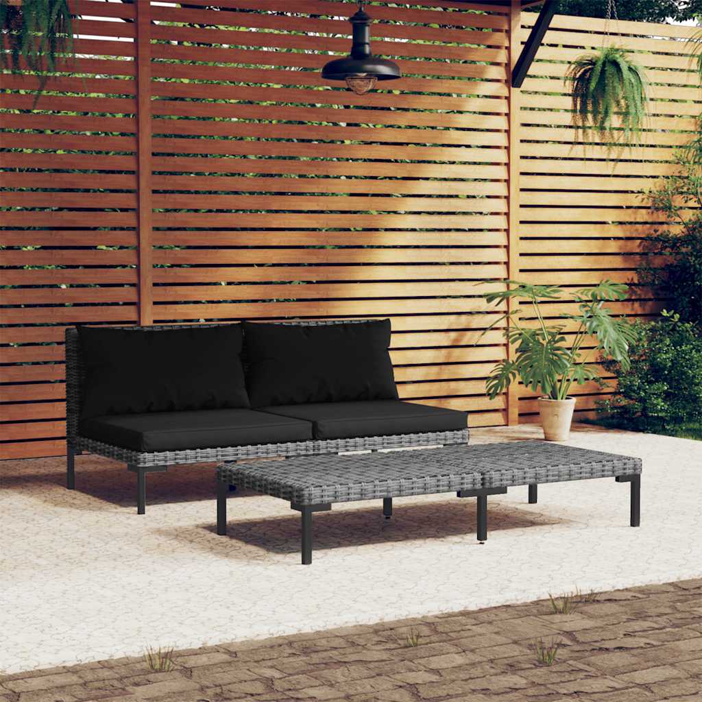 3-Tlg. Garten-Lounge-Set Dunkelgrau Halbrundes Poly Rattan