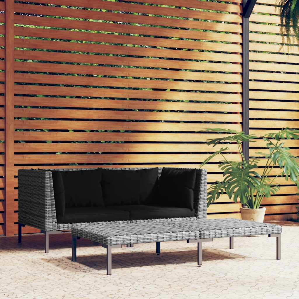 3-Tlg. Garten-Lounge-Set Dunkelgrau Halbrundes Poly Rattan