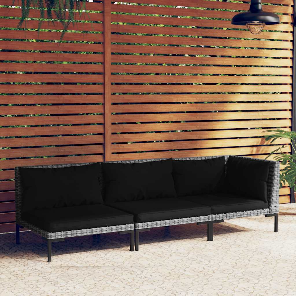 3-Tlg. Garten-Lounge-Set Dunkelgrau Halbrundes Poly Rattan