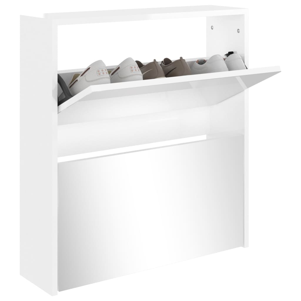 Schuhschrank Mit Spiegel 2 Fächer 63X17X Hochglanz-Weiß