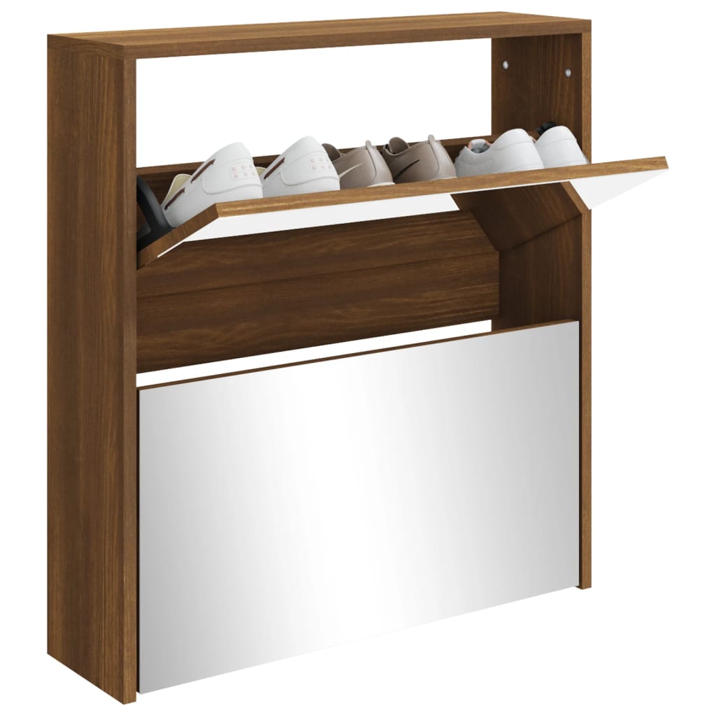 Schuhschrank Mit Spiegel 2 Fächer Braun Eichen-Optik 63X17X67Cm Braune Eiche