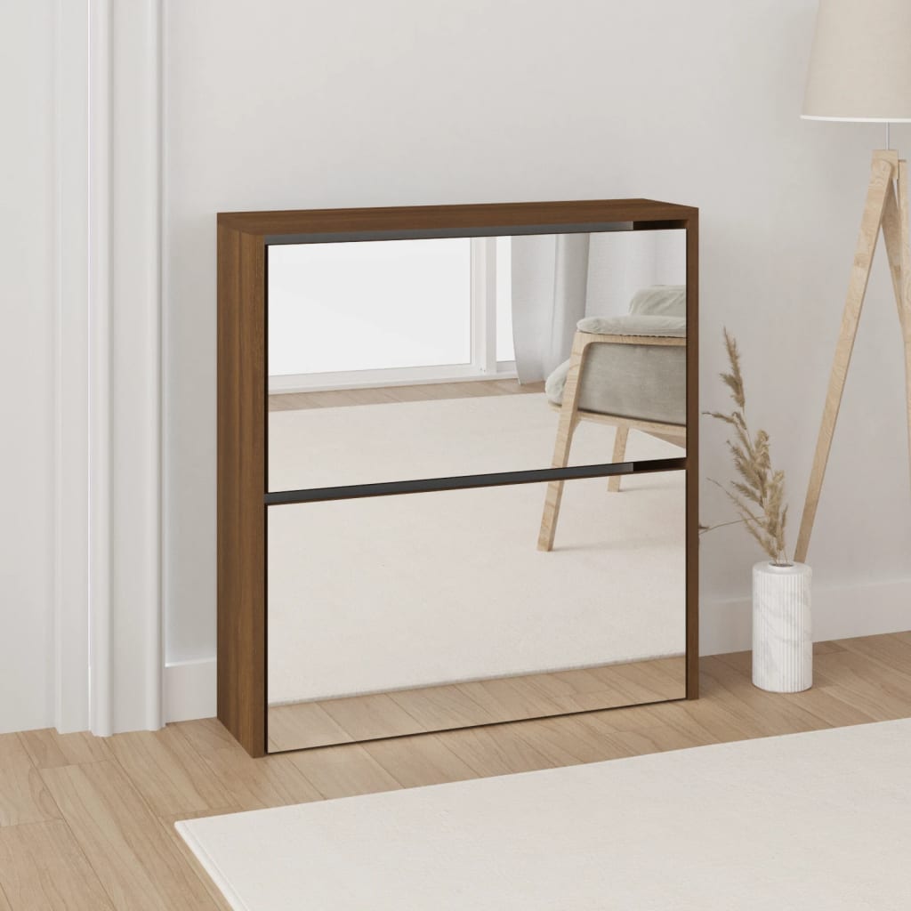 Schuhschrank Mit Spiegel 2 Fächer Braun Eichen-Optik 63X17X67Cm Braune Eiche