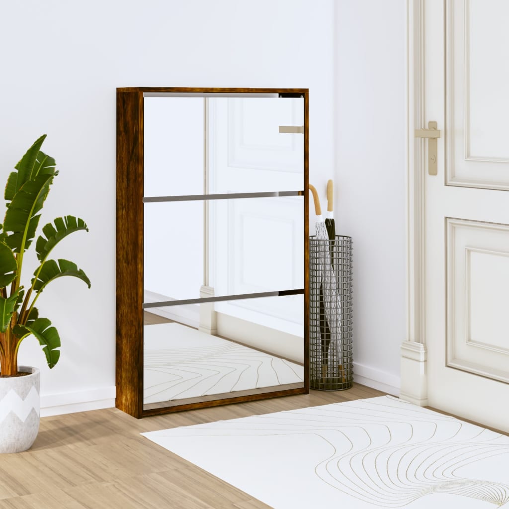 Schuhschrank Mit Spiegel 3 Fächer 63X17X102,5 Cm Räuchereiche