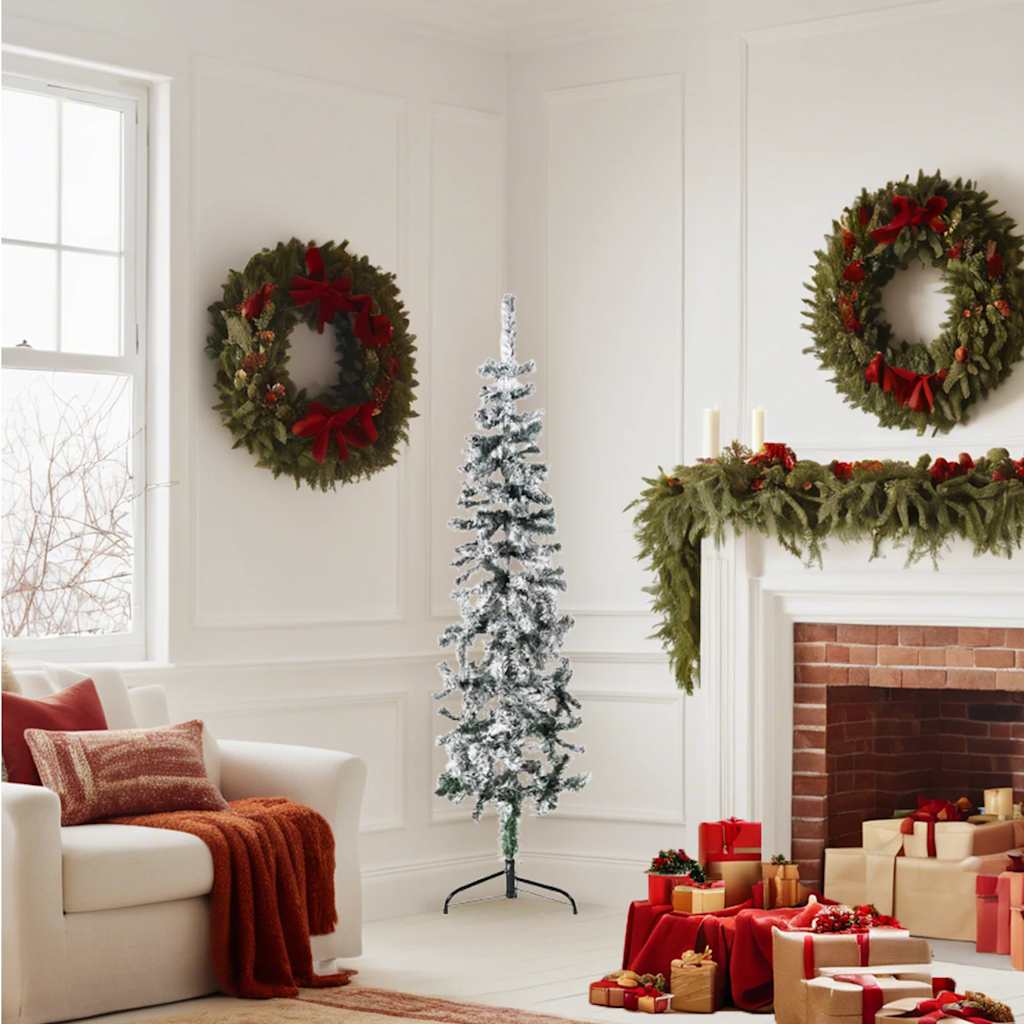Künstlicher Halb-Weihnachtsbaum Mit Schnee Schlank Weiß Und Grün