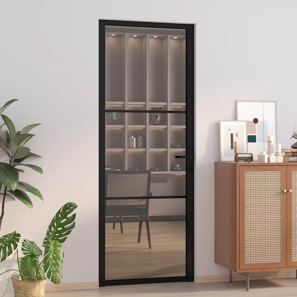 Innentür 76X201,5 Cm Schwarz Esg-Glas Und Aluminium Schwarz Und Dunkel-Transparent
