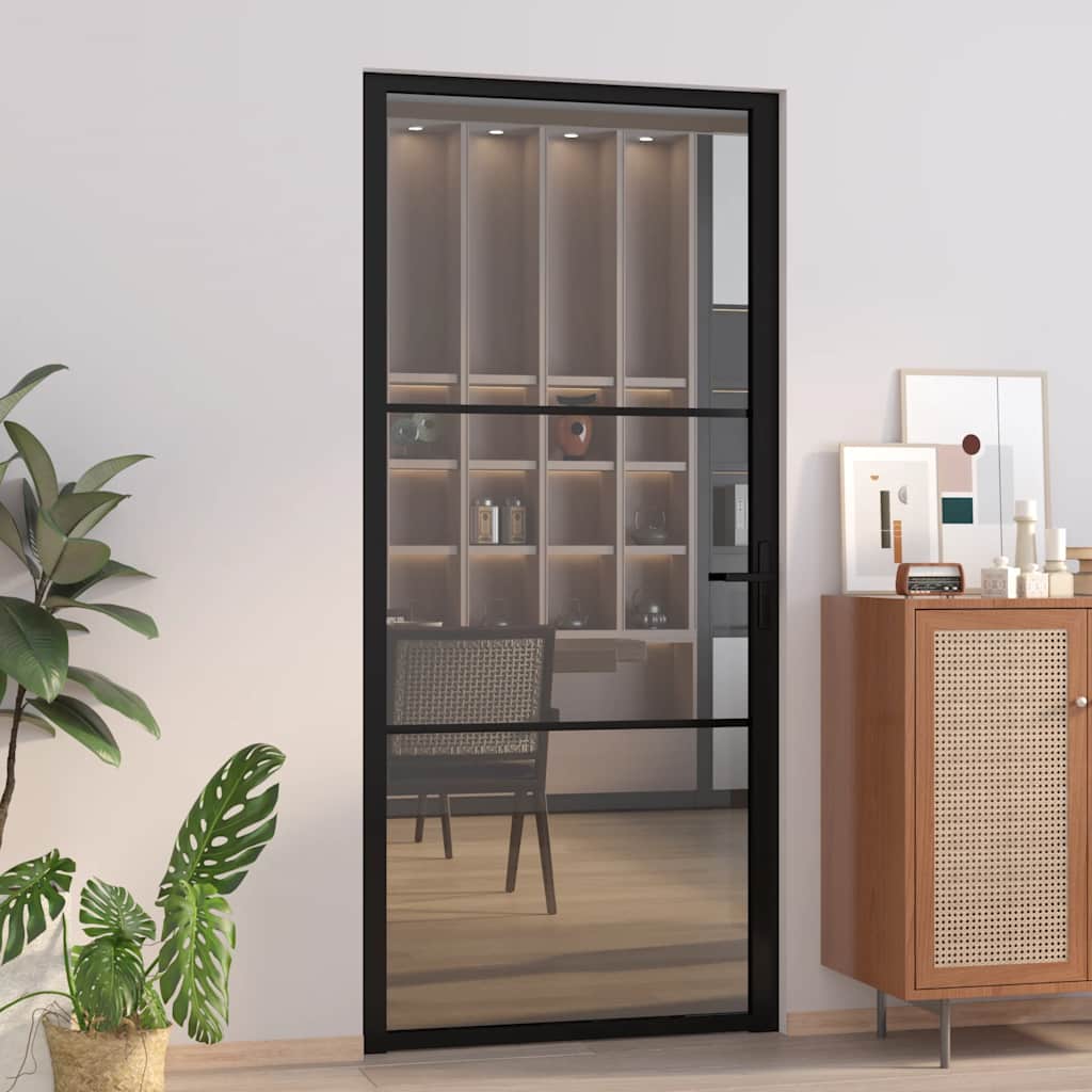Innentür 76X201,5 Cm Schwarz Esg-Glas Und Aluminium Schwarz Und Dunkel-Transparent