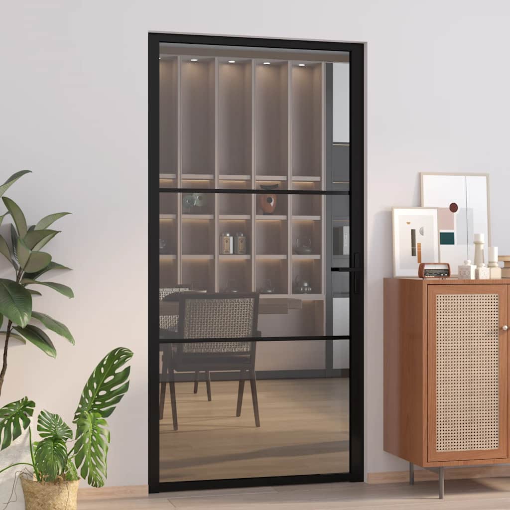Innentür 76X201,5 Cm Schwarz Esg-Glas Und Aluminium Schwarz Und Dunkel-Transparent