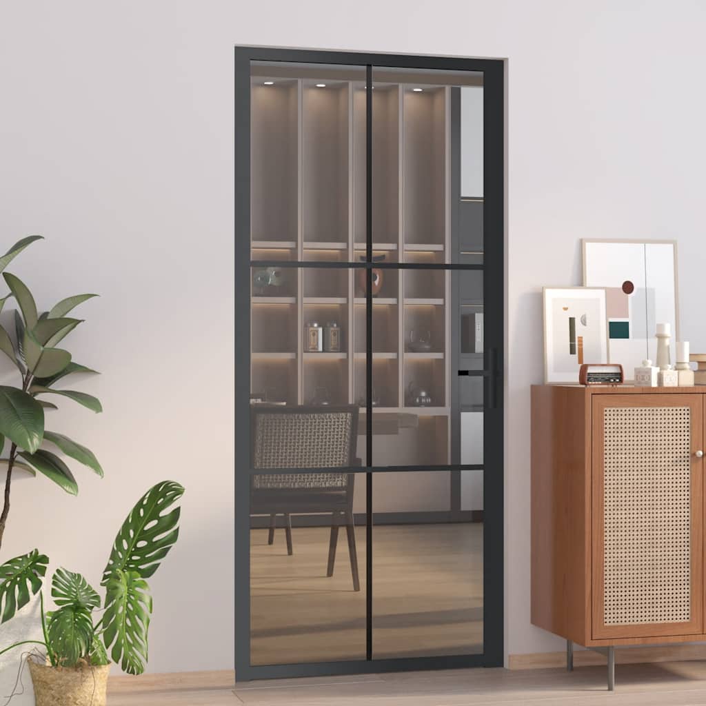 Innentür 76X201,5 Cm Schwarz Esg-Glas Und Aluminium Schwarz Und Dunkel-Transparent