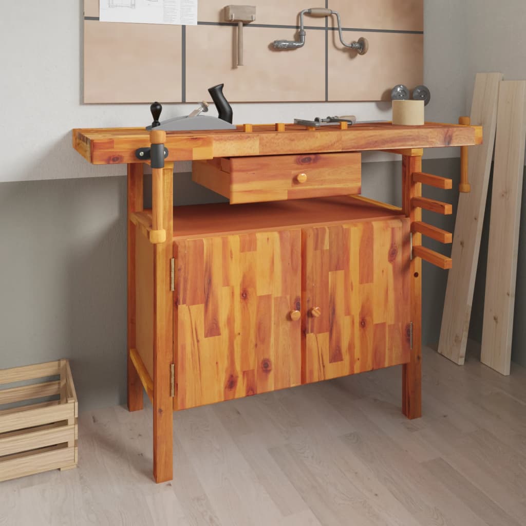 Werkbank Mit Schublade Und Schraubstöcken 124 X 52 X 83 Cm Massivholz Akazie