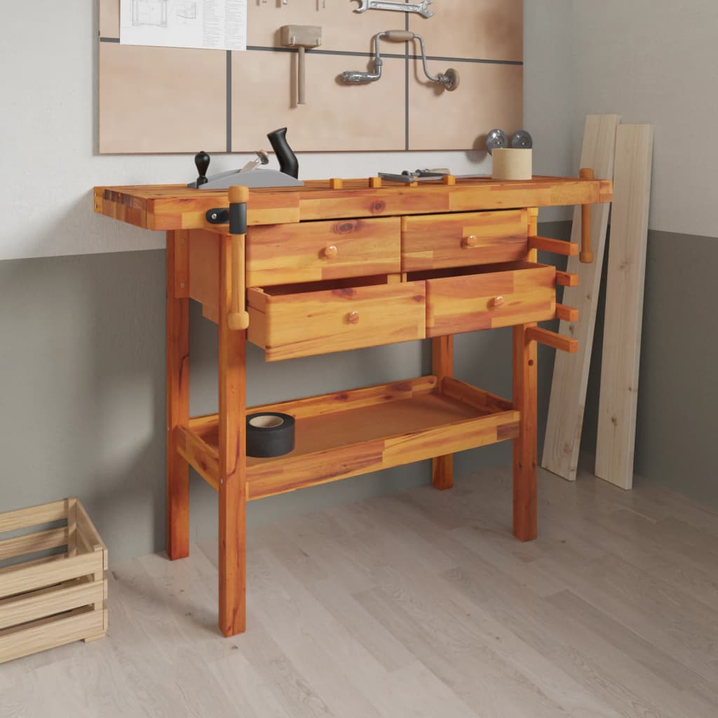 Werkbank Mit Schublade Und Schraubstöcken 124 X 52 X 83 Cm Massivholz Akazie
