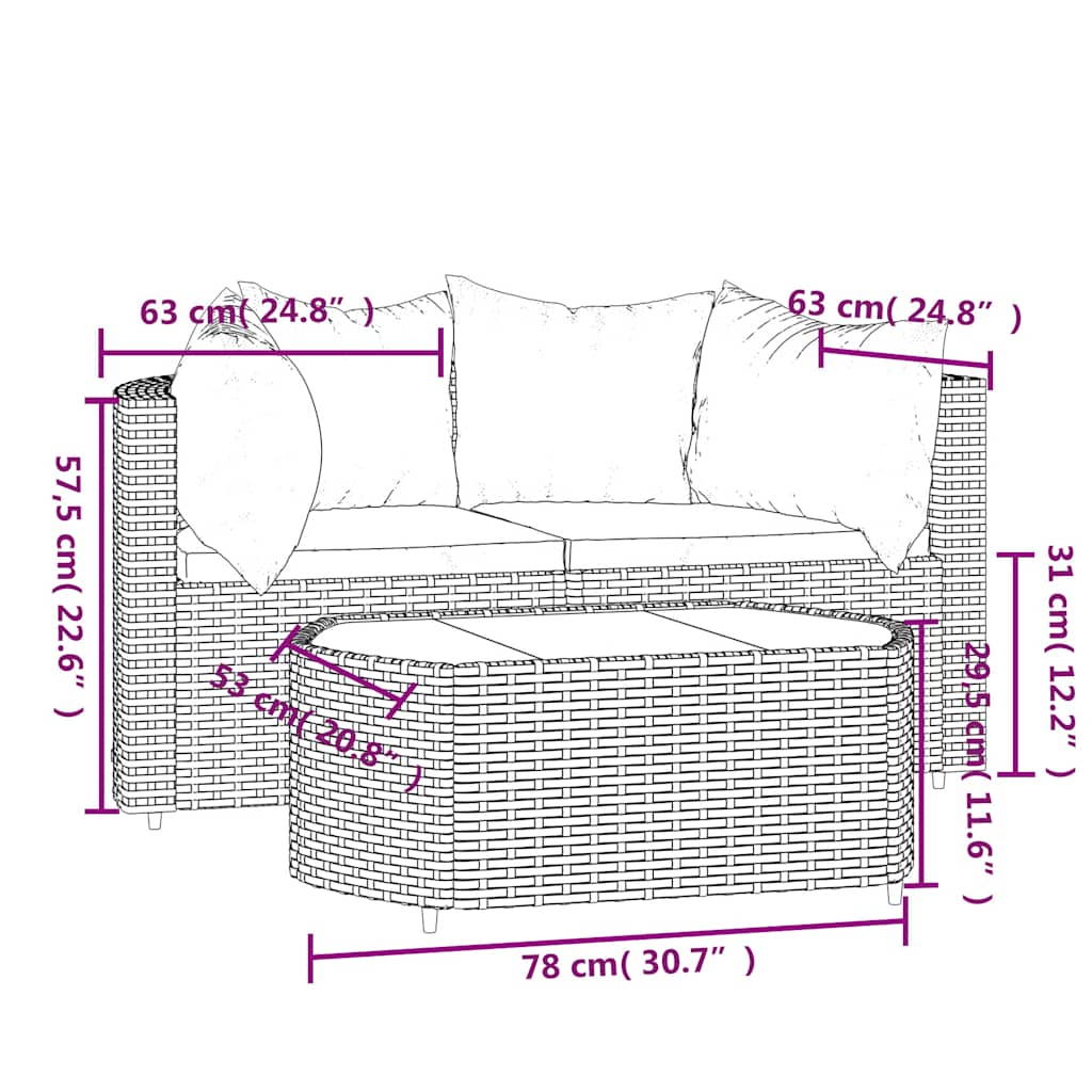 3-Tlg. Garten-Lounge-Set Mit Kissen Poly Rattan